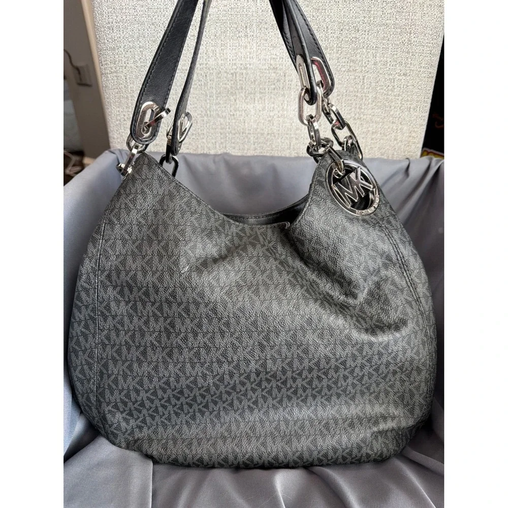 Michael Kors Fulton Hobo Bag Black Signature Logo Canvas Silver Chain Large